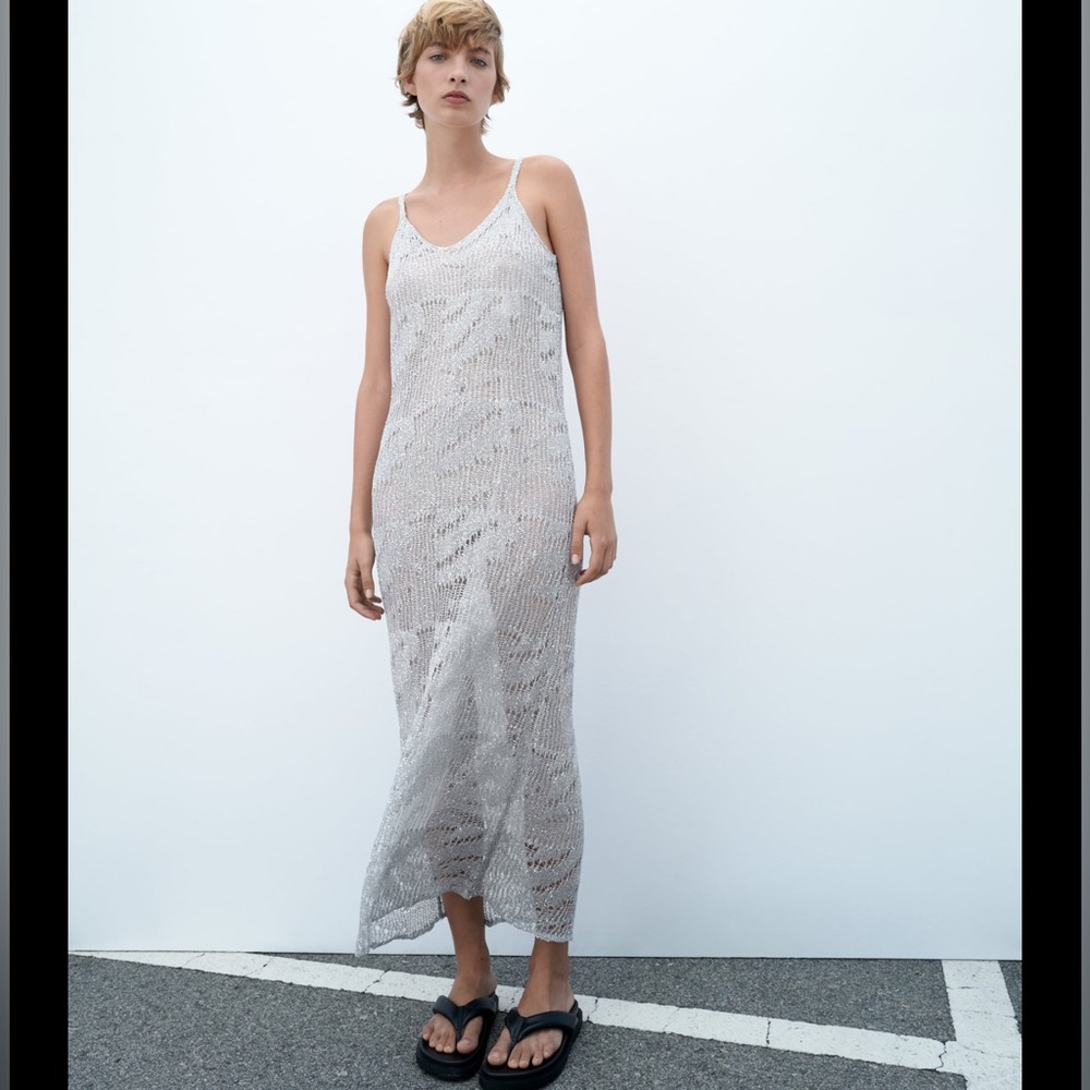 Zara crochet metallic silver sequins mesh
dress, lined